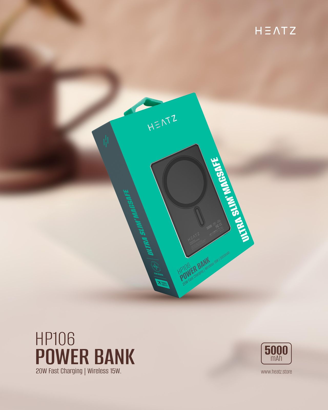 Heatz HP106 5000mAh Ultra Slim Power Bank - Lightest & Slimmest, Magnetic Fast Charging Wireless Powerbank with 20W Wired Type-C PD Output, 15W Wireless Output, 9mm Metallic Finish (Black) - Image 3