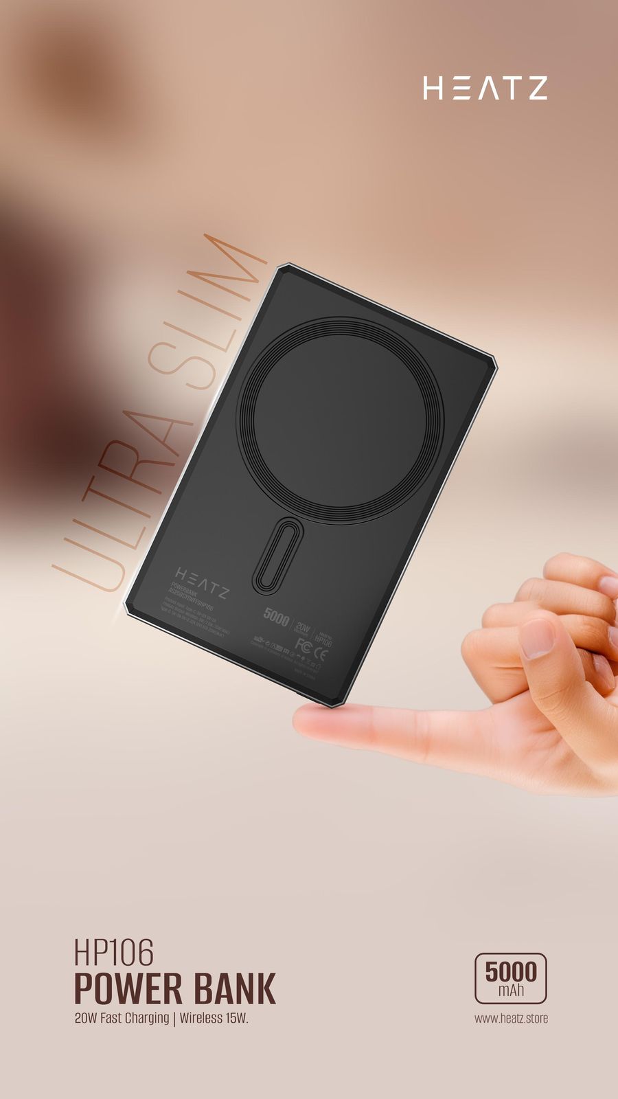 Heatz HP106 5000mAh Ultra Slim Power Bank - Lightest & Slimmest, Magnetic Fast Charging Wireless Powerbank with 20W Wired Type-C PD Output, 15W Wireless Output, 9mm Metallic Finish (Black)