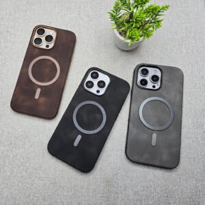 Leather Magfit Mobile Back Cover - Compatible with iPhone 16 PRO MAX - Mag-Safe Design - Textured Vegan Leather - Electroplated Sides Bumper Case - Camera Protection & Raised Edges - Dark  Grey