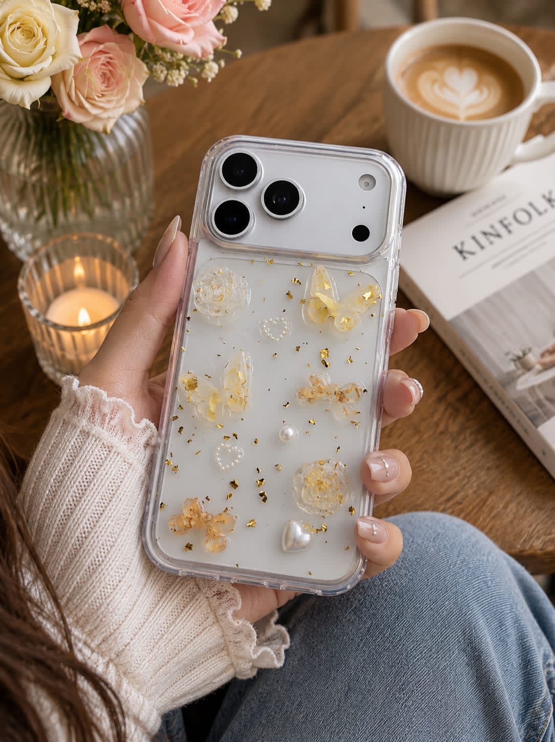 Luxury Handmade Butterfly Pearl Glitter Transparent iPhone Case | Shockproof Soft TPU Cover