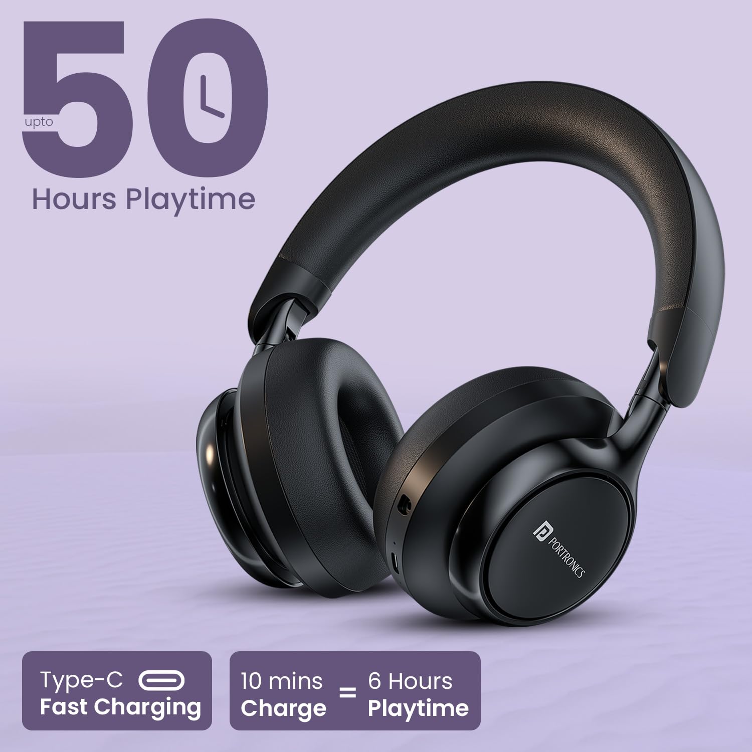 Portronics Muffs M7 Over Ear Headphone with USB-A & Type C 2.4Ghz Receiver, Detachable Boom Mic, Upto 50 Hours Playtime, Deep Bass, Bluetooth V5.4, 40mm Dynamics Driver, Type C Fast Charging(Black) - Image 2
