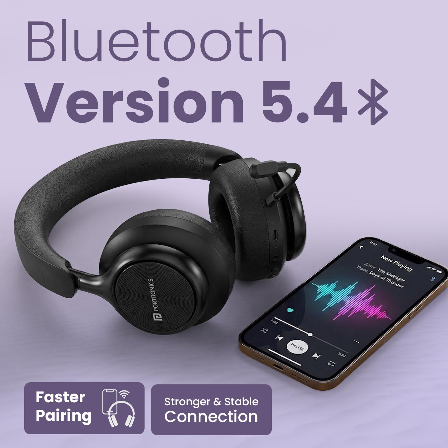Portronics Muffs M7 Over Ear Headphone with USB-A & Type C 2.4Ghz Receiver, Detachable Boom Mic, Upto 50 Hours Playtime, Deep Bass, Bluetooth V5.4, 40mm Dynamics Driver, Type C Fast Charging(Black) - Image 5
