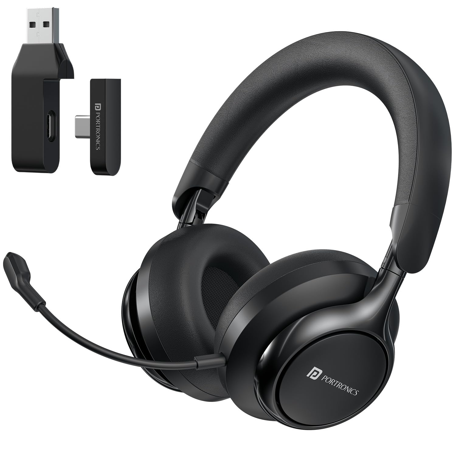 Portronics Muffs M7 Over Ear Headphone with USB-A & Type C 2.4Ghz Receiver, Detachable Boom Mic, Upto 50 Hours Playtime, Deep Bass, Bluetooth V5.4, 40mm Dynamics Driver, Type C Fast Charging(Black)