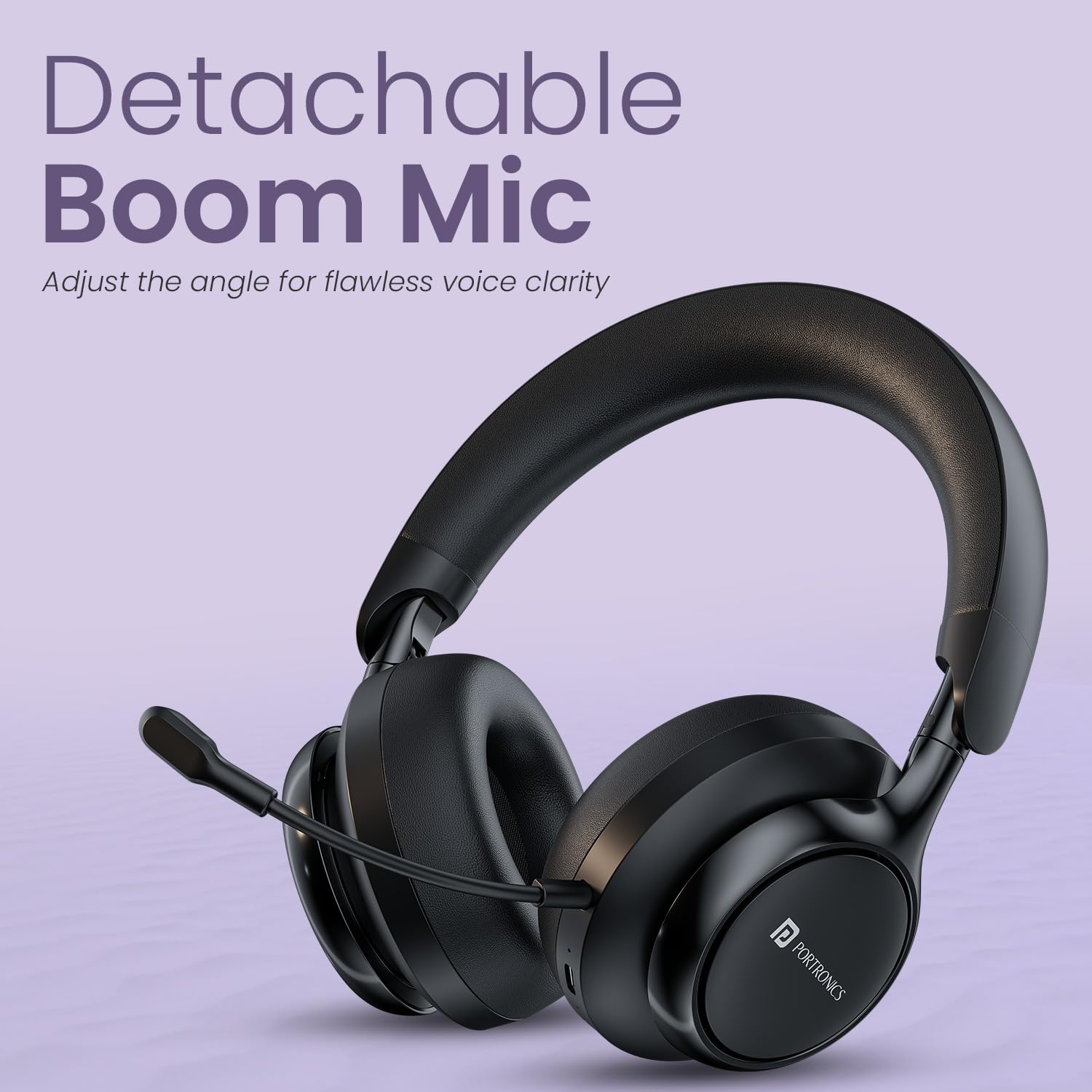 Portronics Muffs M7 Over Ear Headphone with USB-A & Type C 2.4Ghz Receiver, Detachable Boom Mic, Upto 50 Hours Playtime, Deep Bass, Bluetooth V5.4, 40mm Dynamics Driver, Type C Fast Charging(Black) - Image 4