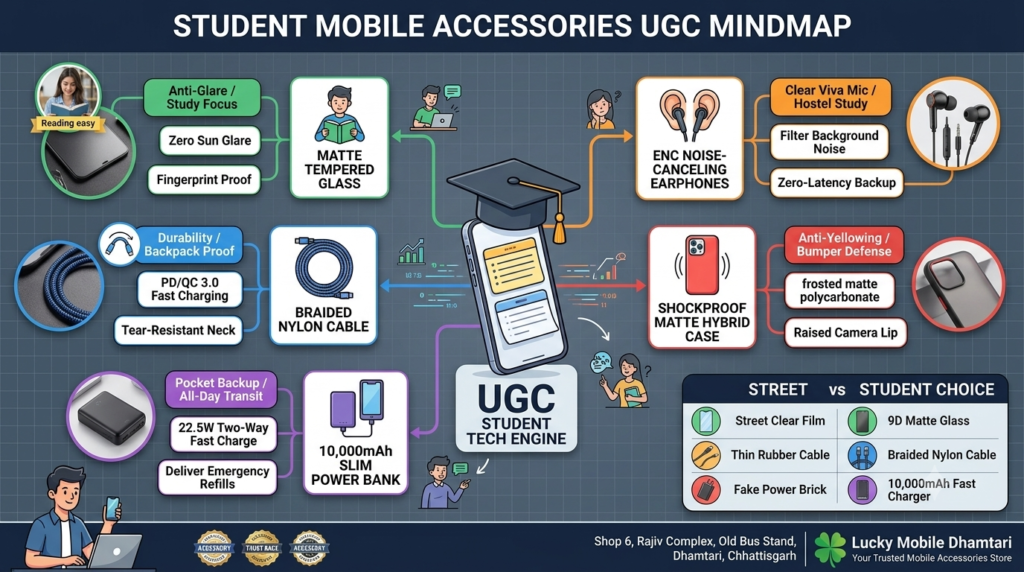A student study desk setup showing a smartphone with matte screen protector, a durable hybrid bumper cover, a braided fast-charging cable, a compact power bank, and comfortable earphones next to study notebooks.